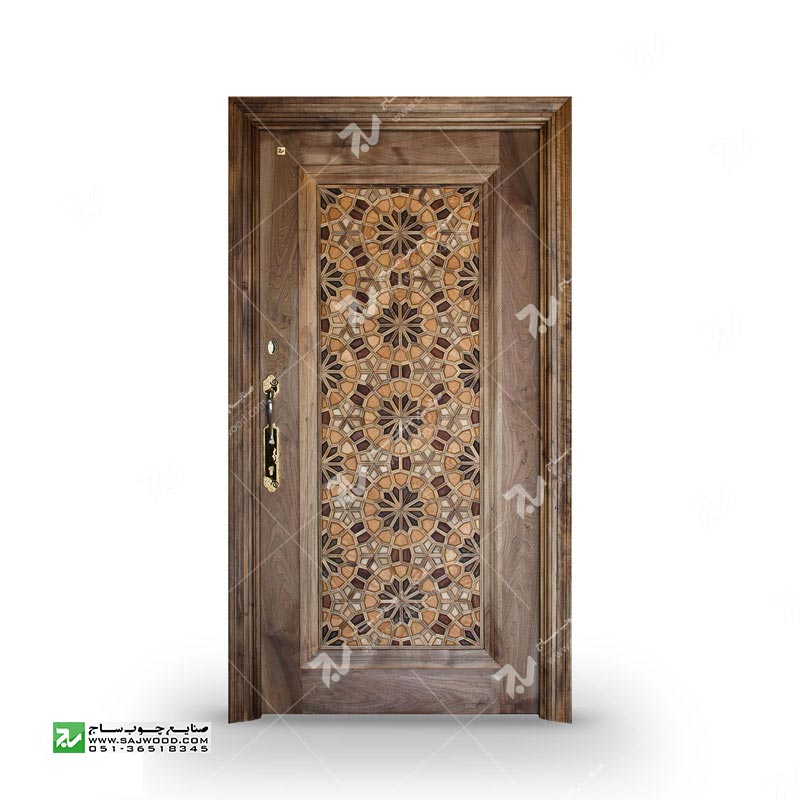 درب چوبی قدیمی گره چینی طرح تند دوازده ورودی ساختمان،آپارتمان کد T12A