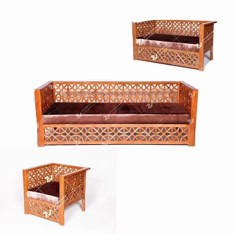 مبلمان چوبی سنتی هفت نفره گره چینی مشبک تمام چوب