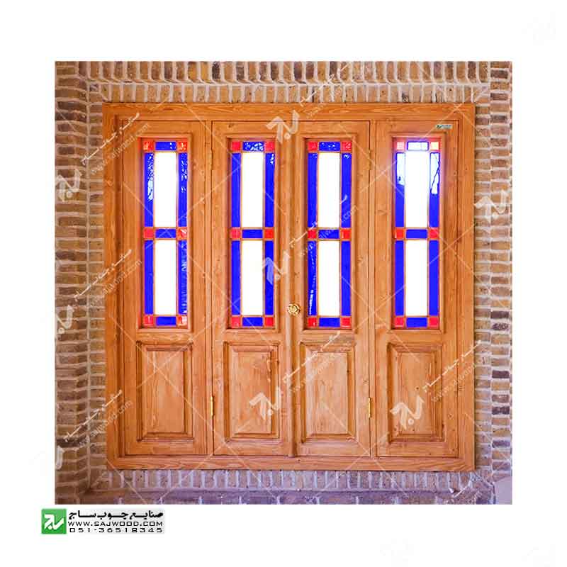 پنجره شیشه رنگی ارسی چوبی سنتی گره چینی مشبک طرح مربع کد W203