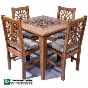 میز و صندلی غذا خوری سنتی چهار نفره چوبی صنایع چوب ساج مدل 325